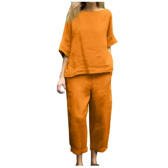 biudgviw Plus Size Outfits for Women Comfy Crewneck 3/4 Sleeve Basic Shirts Cotton Linen Fall Loose Pants Lounge Sets