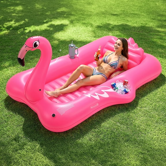 MoKo Flamingo Inflatable Tanning Pool Lounger, 83×50 Inch Blow Up Tanning Bed with Pillow & Cup & Snack Holder, Layout Sunbathing Pool Floats for Backyard Lake Beach River Party, Magenta