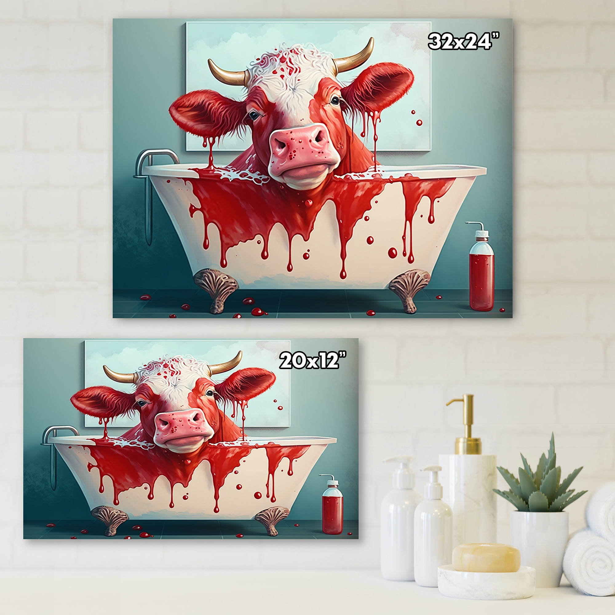 Designart Funny Red Cow In The Tub Canvas Wall Art