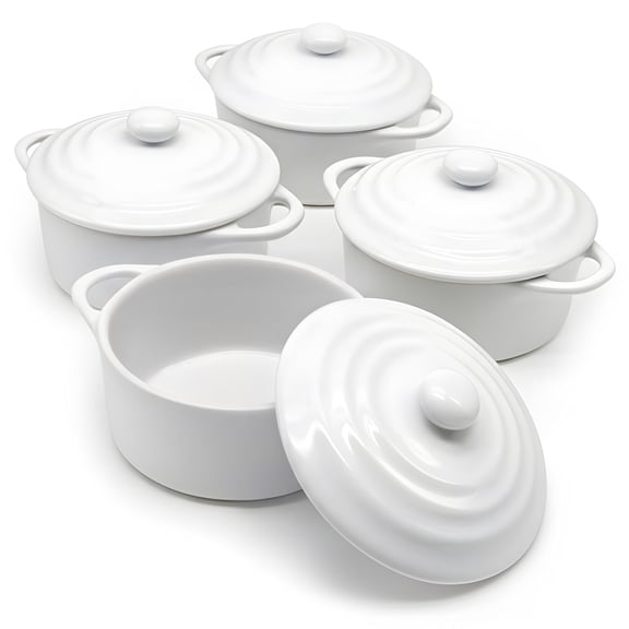 4‑Pack Ceramic Mini Casserole Dish Set, Small Ramekin Stew Pots with Lids & Handles, Individual‑Sized Baking Dishes, Stoneware, 12 Oz (Swiss White), Oven‑Safe, Microwave‑Safe & Dishwasher‑Safe