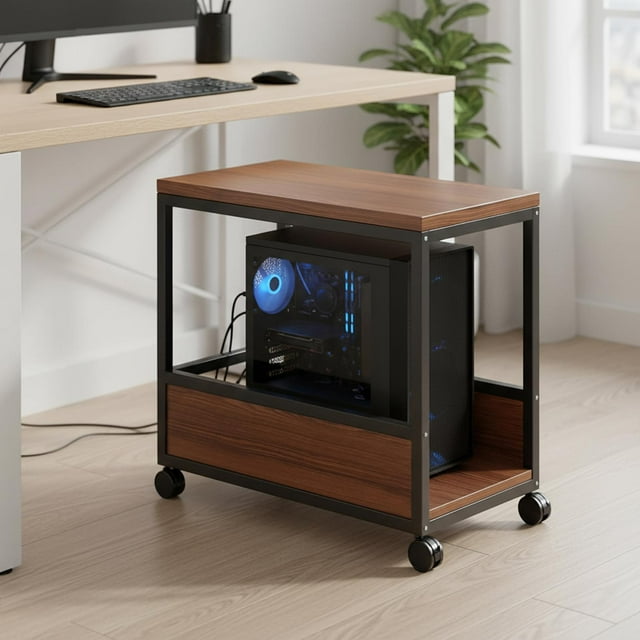 BELOVING Computer Host Stand PC Case Rack Wood for Home Office Rolling Cart with Caster Wheels Computer Tower Shelf PC Stand for Floor Black frame L