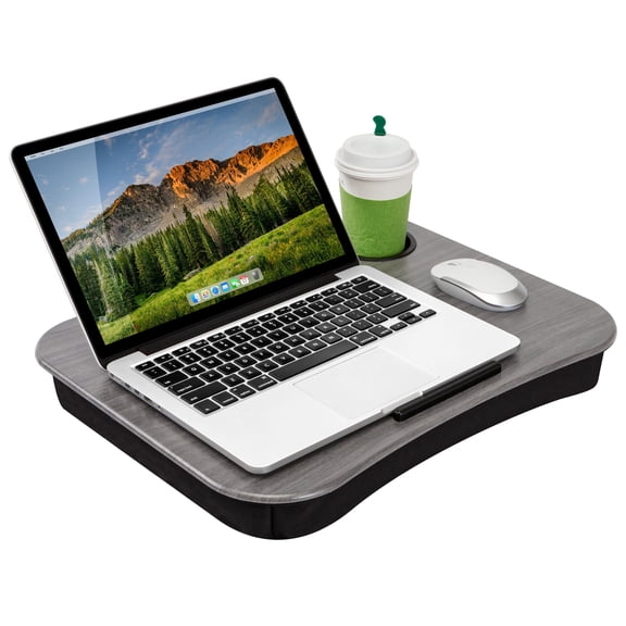 LapGear Cup Holder Lap Desk, Fits 14" Laptop, Gray Woodgrain