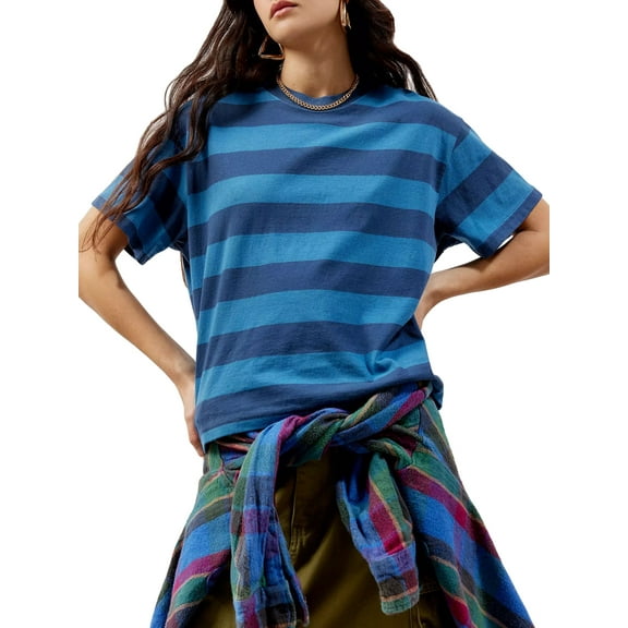 Michellecmm Women's Loose T-Shirt Short Sleeve Crewneck Striped/Solid Color Tops