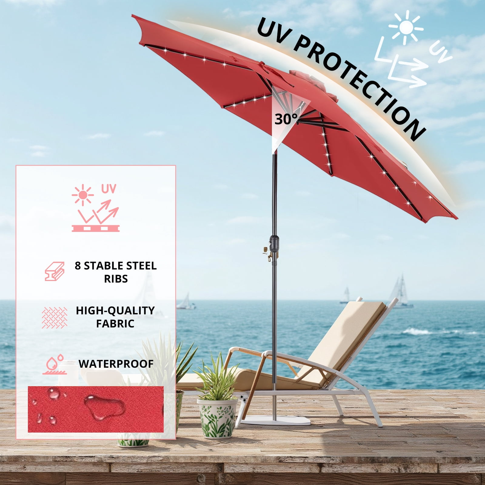 Blorly 10FT Solar Patio Umbrella with 32 LED Lights, Outdoor Umbrellas with Push Button Tilt and Crank, Tilting Table Umbrella with 8 Sturdy Ribs for Market, Beach, Red