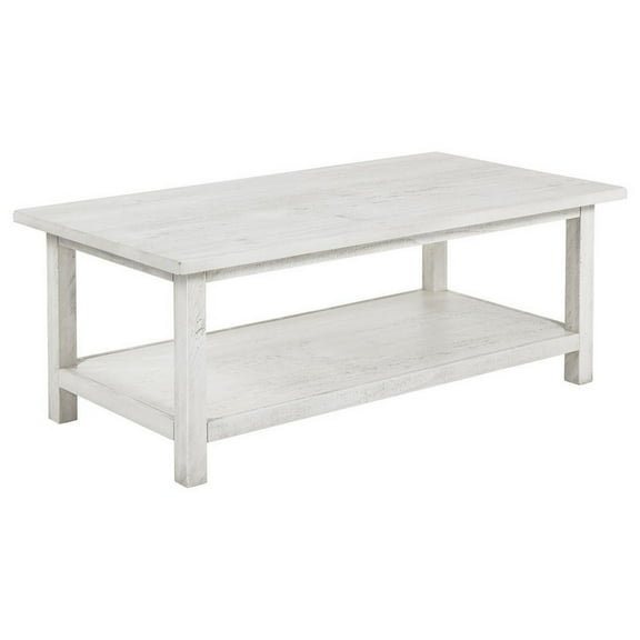Ayne Coffee Table, 1 Bottom Shelf, Distressed White Wood, 47 Inch
