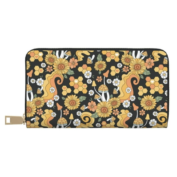 Leather Thin Slim Wallets for Women Men - Mushrooms Honeycomb Clutch Card Wallet for Women Men with Zipper