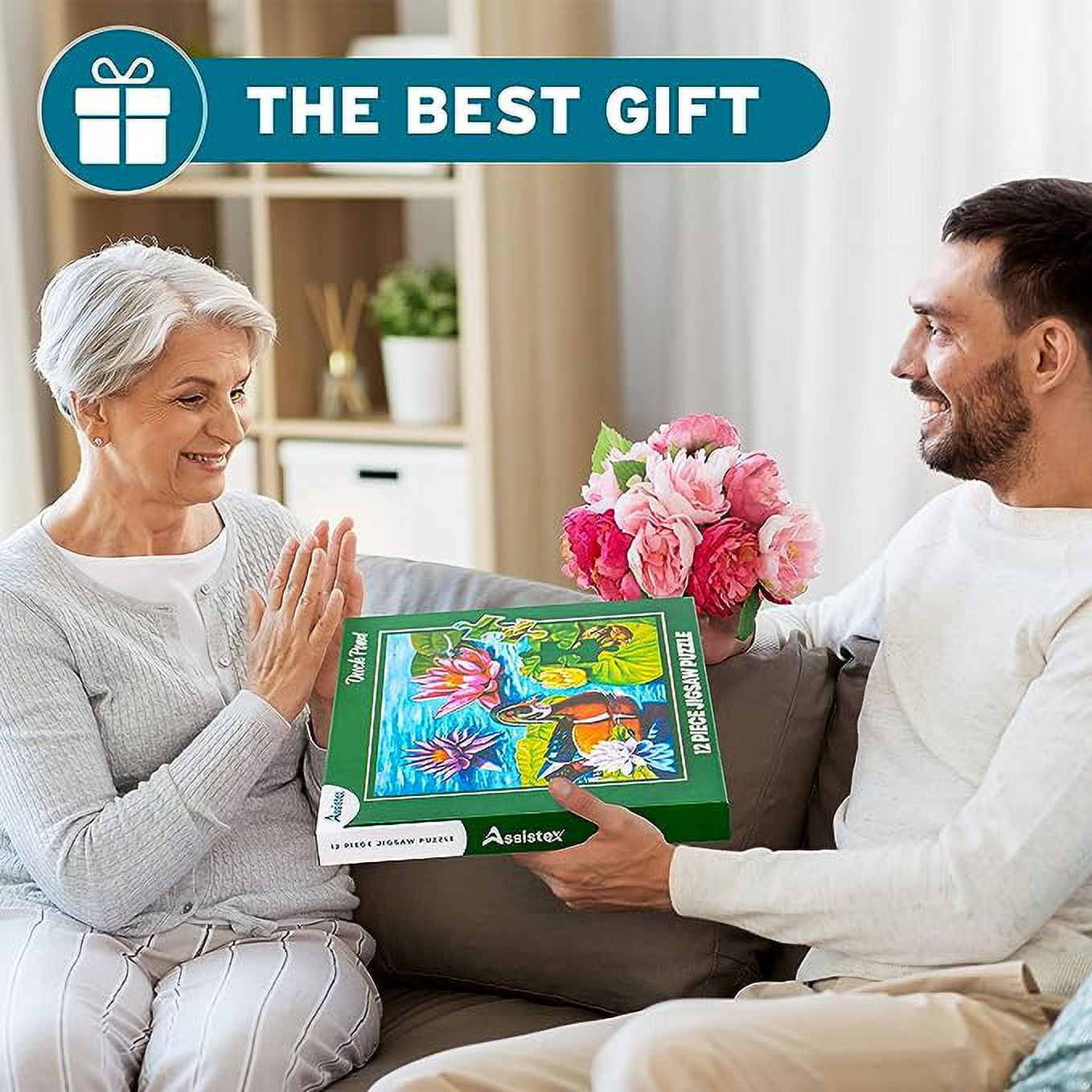 Assistex Dementia Jigsaw 12 Large Puzzle for Seniors - Alzheimer's Activity for Adults with Conversation Prompts - Best Memory Game for Patiens in Nursing Home - Build in Box Activities for Elderly