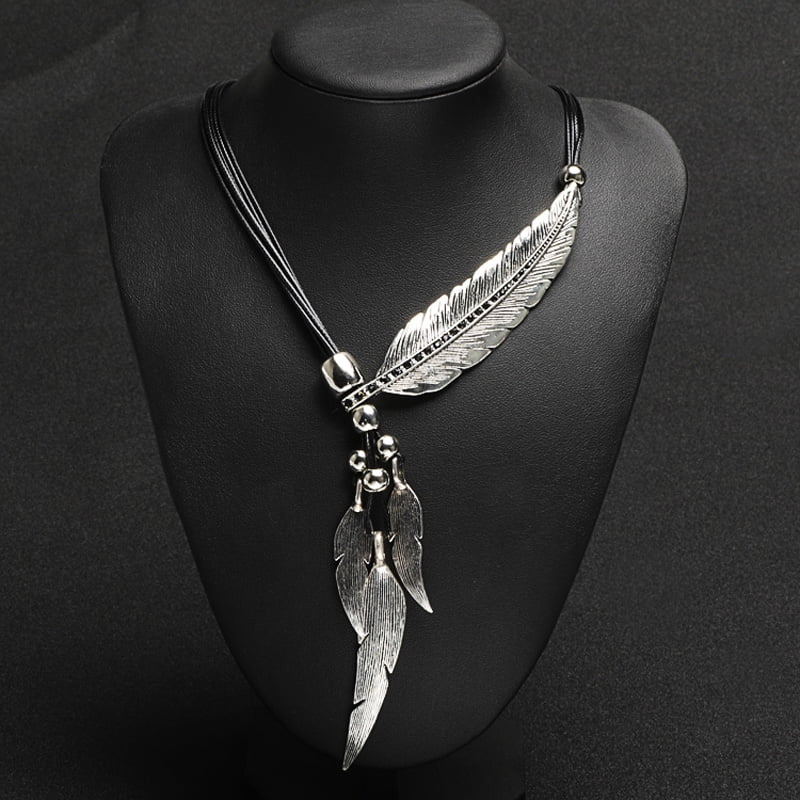 Feather Pattern Pendant Necklace Gold Silver plated multilayer tassel Fashion 