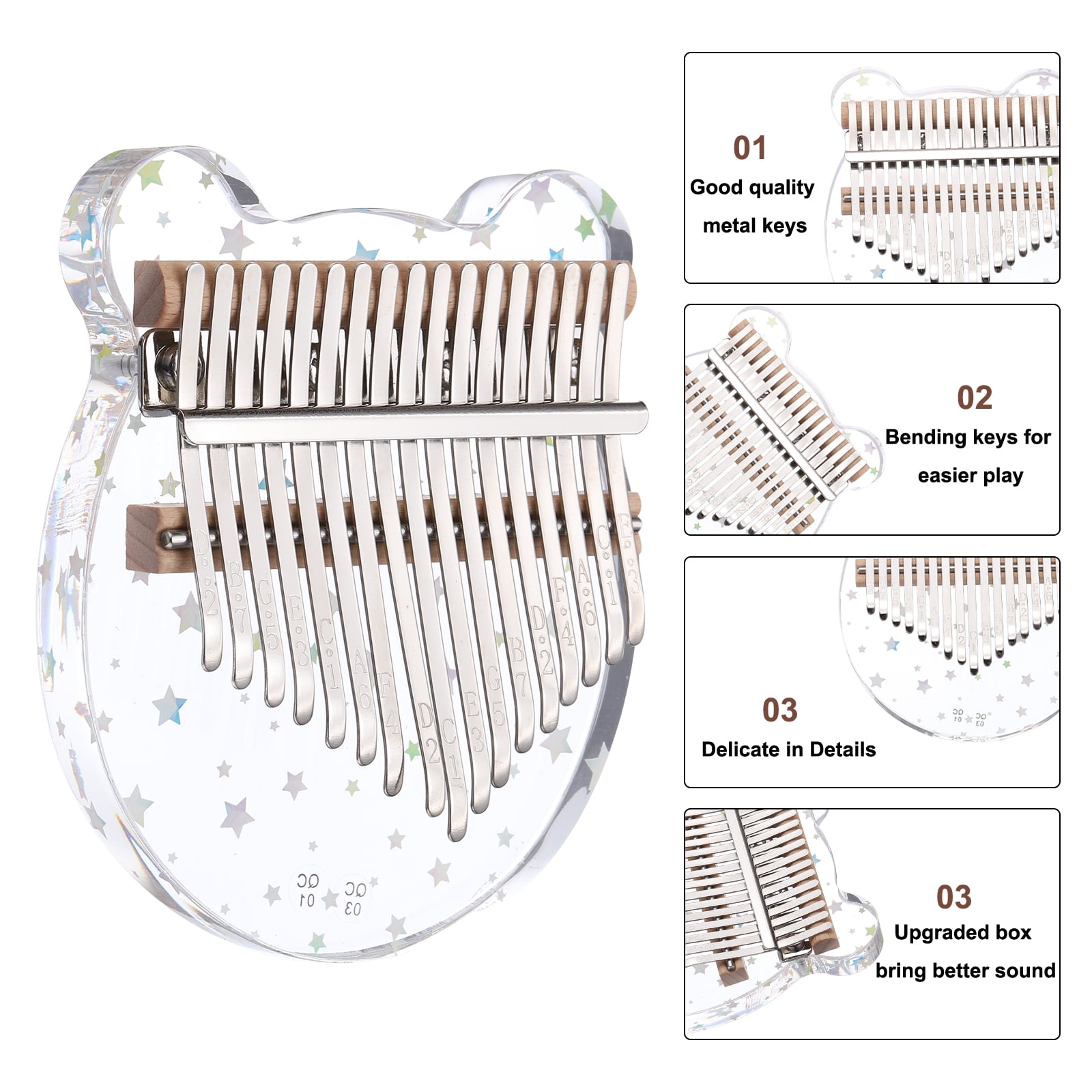 17 Keys Thumb Piano,Transparent Star Bear Portable Finger Piano with Carry Box Musical Note Stickers Tuning Hammer