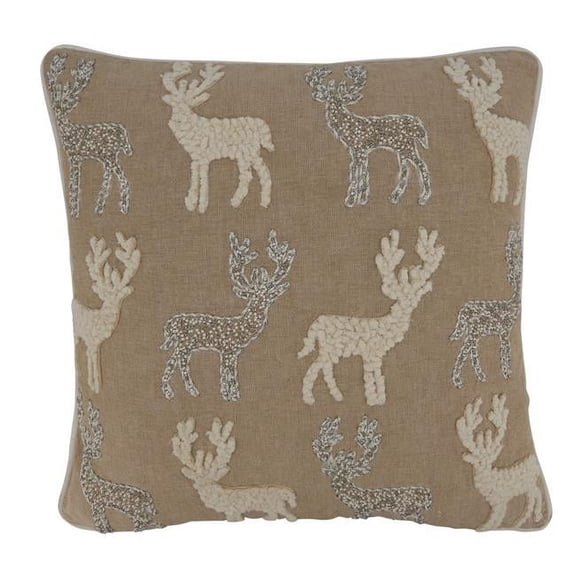 Saro Lifestyle Beaded and Embroidered Reindeers Poly Filled Throw Pillow