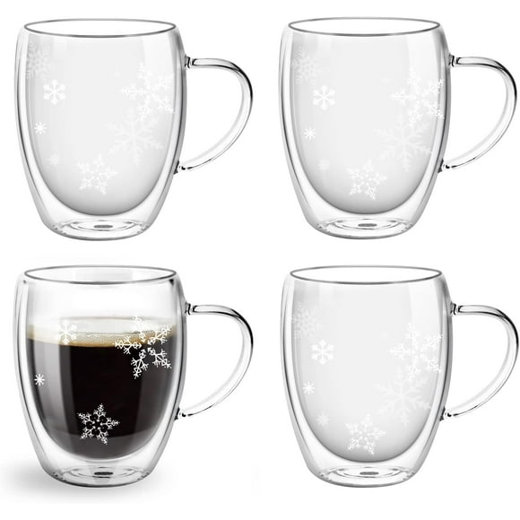 shiyou-4-Pack Double Walled Glass Coffee Cups, Coffee Mug Set with Snowflake, 12oz Clear Glass Cappuccino Mug, Insulated Layer Tea Cups with Handle, Espresso Mug Cups for Latte, Milk, Juice, Beverage
