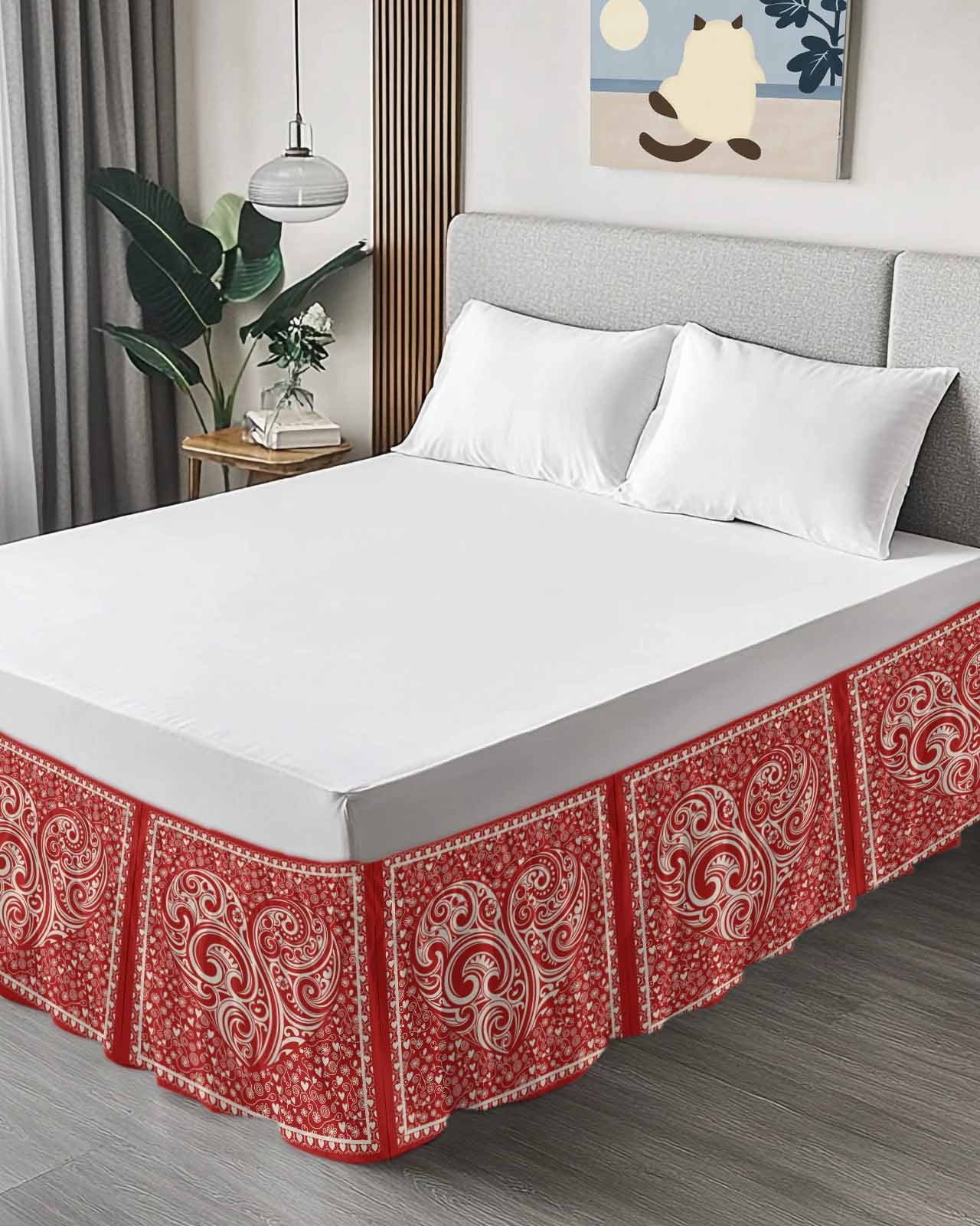 Valentine's Day Wrap Around Bed Skirts for California King Bed 16" Drop,Bed Skirt with Adjustable Elastic Belt Dust Ruffle Bed Valance Red Love Vintage Country Abstract Art Bed Frame Cover
