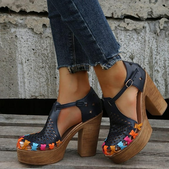 RYDCOT Chunky Heel Sandals with Floral Cutouts Summer New Retro Floral Hollow High-heeled Chunky-heeled Waterproof Platform Buckle Women's Sandals