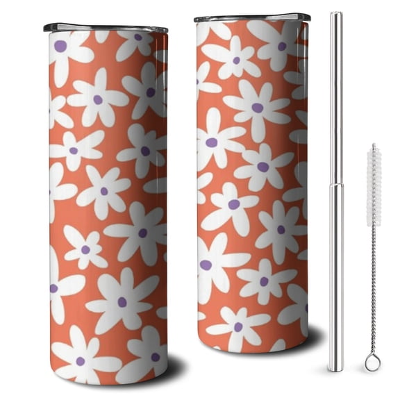 20oz Orange Daisy Flower White Petals Pattern Skinny Tumblers Stainless Steel Tumbler with Lid and Straw,Vacuum Insulated Double Wall Travel Tumbler Cups with Cleaning Brush for Coffee,Tea