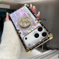 thumbnail image 5 of For iPhone 17 Pro Max Glitter Case with Kickstand, Cute Bling Diamonds Butterfly Foldable Stand Shockproof Marble Shell Floral Pattern Girl Woman Soft Cover for iPhone 17 Pro Max 6.9", Purple, 5 of 6