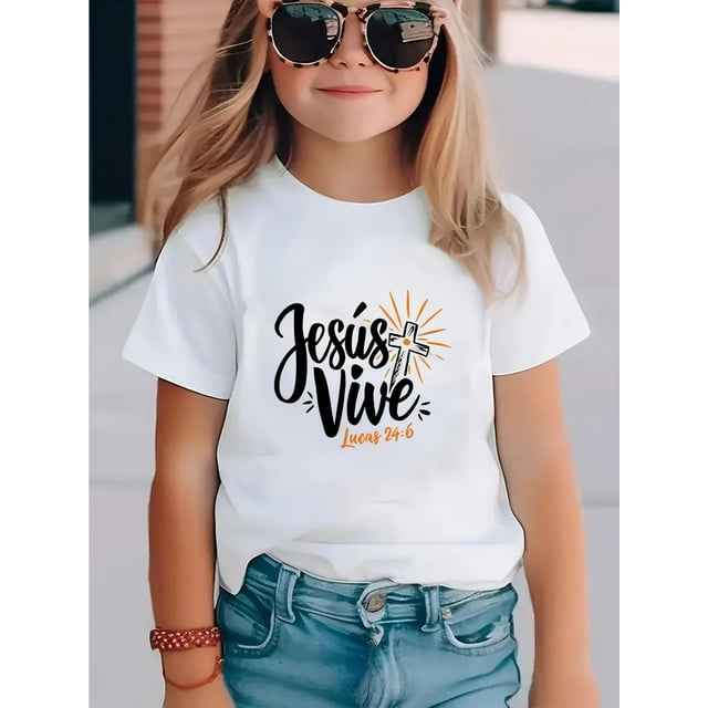 Camiseta gráfica de verano para niña "Jesús es el Camino". Cuello redondo informal, punto elástico en blanco con estampado vibrante. Lavable a máquina. Ideal para el día a día. Camiseta con estampado
