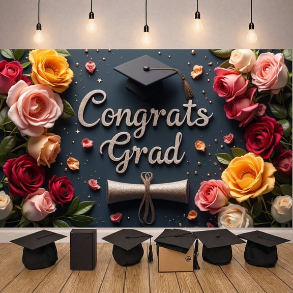 Pink Theme Graduation Banner Graduation Cap Design Grad Party Display Balloon Decoration Floral Ornament Graduation Backdrop for Graduation Ceremony Class of 2026 Party Graduation Photo Shoot