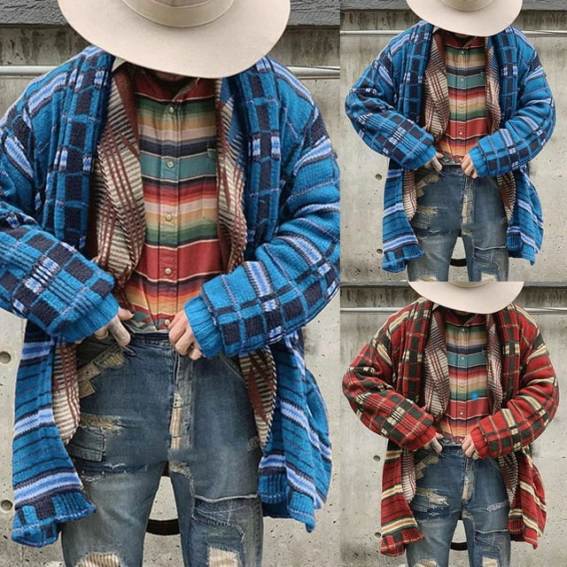 Cardigan Tricoté à Manches Longues pour Hommes Automne Hiver Ouvert devant Imprimé à Carreaux Rouge m