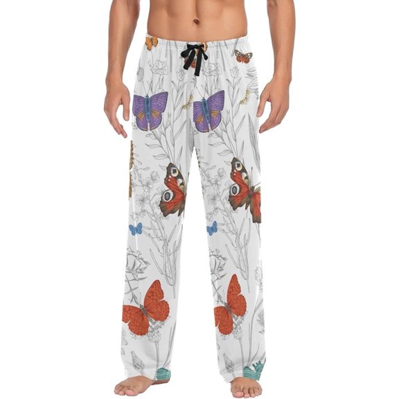 Butterflies Wild Flowers Ghost Pajama Pants, Men's Lounge Pants Light with Drawstring and Pockets, Christmas New Year Birthday Father's Day Gifts, Medium