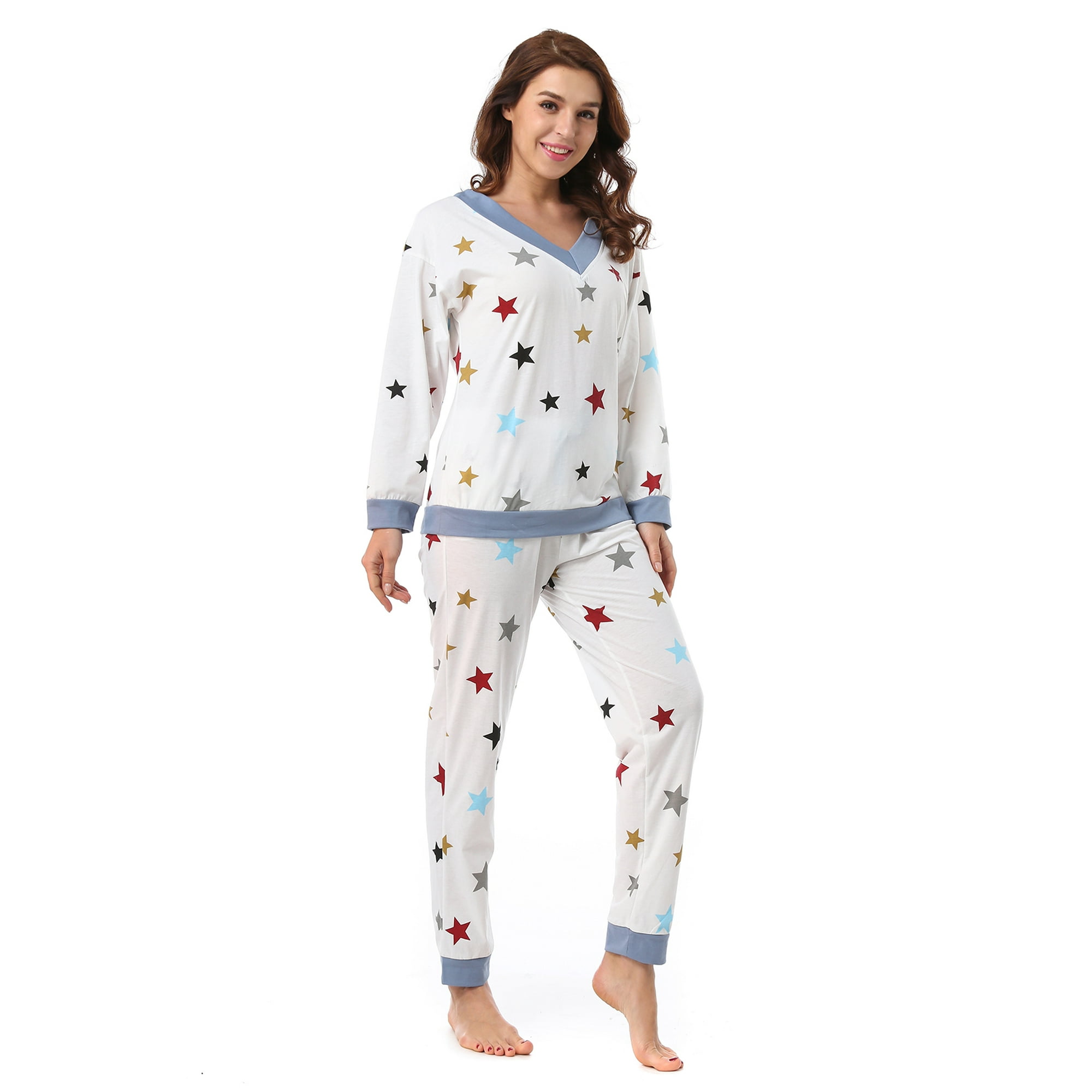 Mint Limit Mintlimit Women Star Pattern Pajamas Set Pj Long Sleeve Top And Pants Womens Pjs Sleepwear Nightwear Soft Lounge Sets V Neck White S White