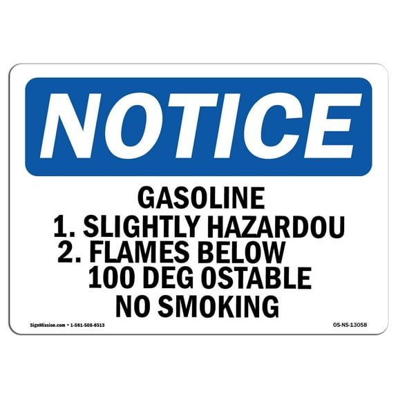 OSHA Notice Sign - Gasoline 1. Slightly Hazardous 2. Flames |  Aluminum Sign | Protect Your Business, Work Site, Warehouse & Shop Area |  Made in the USA