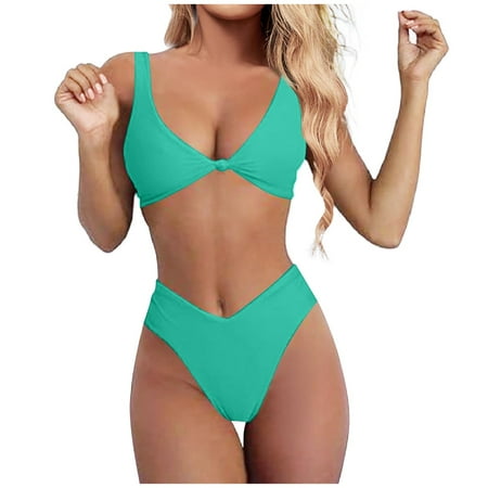 JIANJIA Swim Suits for Women Summer Solid Color Strappy V Neck Knot Front Push Up Bra And Panty Set Two Piece Tankinis Swimwears Activewear Green S