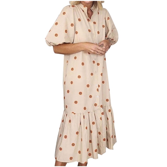 AherBiu Robe d'Été pour Femmes à Pois, Boutonnée, Manches 1/2, Décontractée, Ample, à Volants, Longue