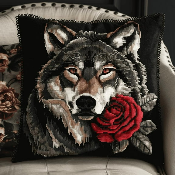 DIY Latch Hook kit Wolf Animal Pillow Embroidery kit Red Rose Pillowcase Sewing Making Kits DIY Crochet Yarn Kits Embroidery Kits Pillowcase/Cushion Cover Making Kits 43x43cm