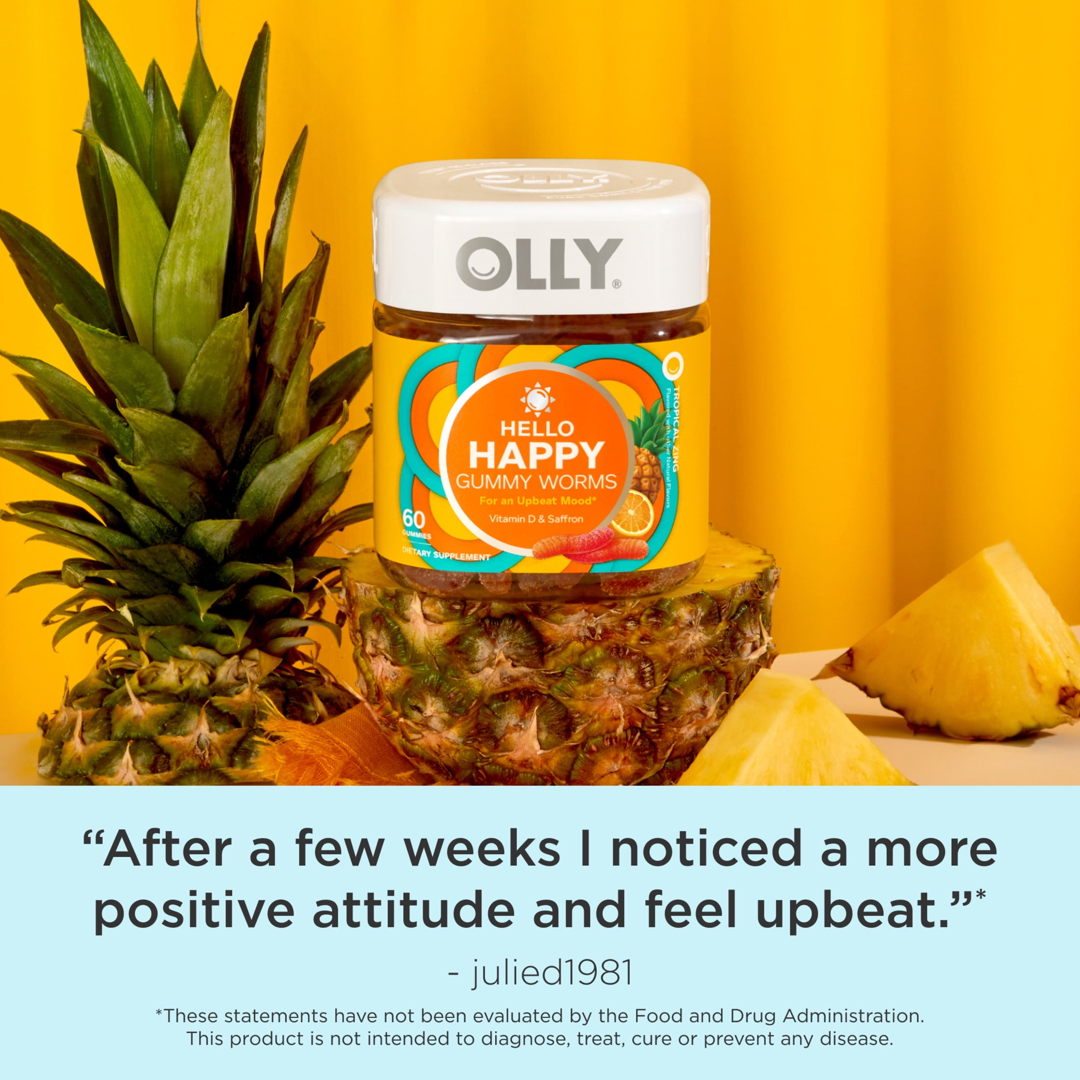 OLLY Hello Happy Gummy Worms, Saffron ExtraCount, Vitamin D, Tropical Zing Flavored, 60 Count