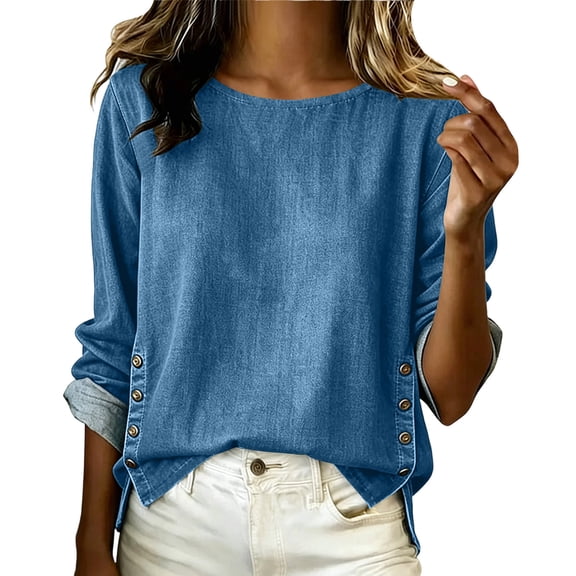 Lenpel Denim Tops for Women Crew Neck Long Sleeve Blouses Fashion Button Side Split High Low Hem Jean Tops Casual Fall Clothes