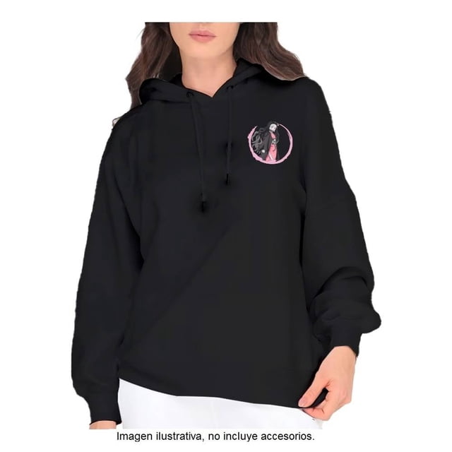 sudadera demon slayer talla 16 con capucha y bolsas nezuko negro, vista frontal centrada de sudadera negra juvenil con capucha y cordón, corte holgado, mangas largas y bolsillo canguro; estampado de Nezuko en pecho izquierdo dentro de un óvalo rosa, tejido liso y puños acanalados, uso casual y escolar.