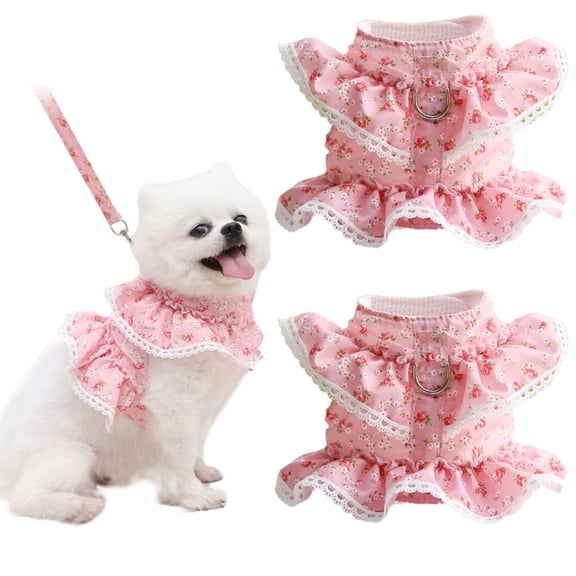 Dinheiro 2 Pack Dog Dress Harness Vest with Leash, Pet Flower Outfit Clothes Spring Summer, Cute Puppy Harness Leash Set, Doggy Lace Princess Costume for Outdoor WalkingS