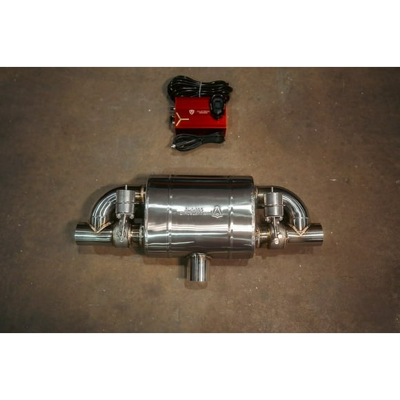 Valvetronic Design Exhaust Muffler UVM.63MM.TSTYLE.X1 T-Style; Single 2-1/2 Inch Inlet; Dual 2-1/2 Inch Outlet; 27 Inch Overall Length