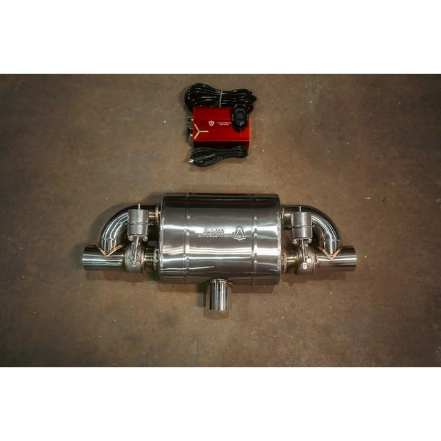 Valvetronic Design Exhaust Muffler UVM.63MM.TSTYLE.X1 T-Style; Single 2-1/2 Inch Inlet; Dual 2-1/2 Inch Outlet; 27 Inch Overall Length
