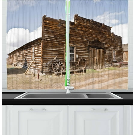 Panel Wagon - Barn Wood Wagon Wheel Curtains 2 Panels Set, Abandoned Mercantile with Wagon Wheels Ghost Town, Window Drapes for Living Room Bedroom, 55W X 39L Inches, Brown Sand Brown Pale Blue, by Ambesonne
