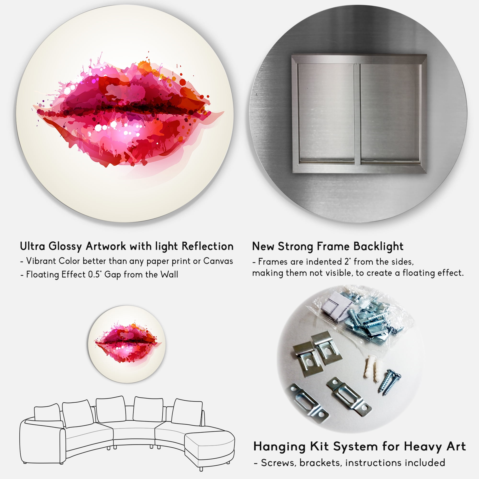 Designart 'Red Girl Lips Formed By Abstract Blots' Modern Circle Metal Wall Art 11x11 - Disc of 11