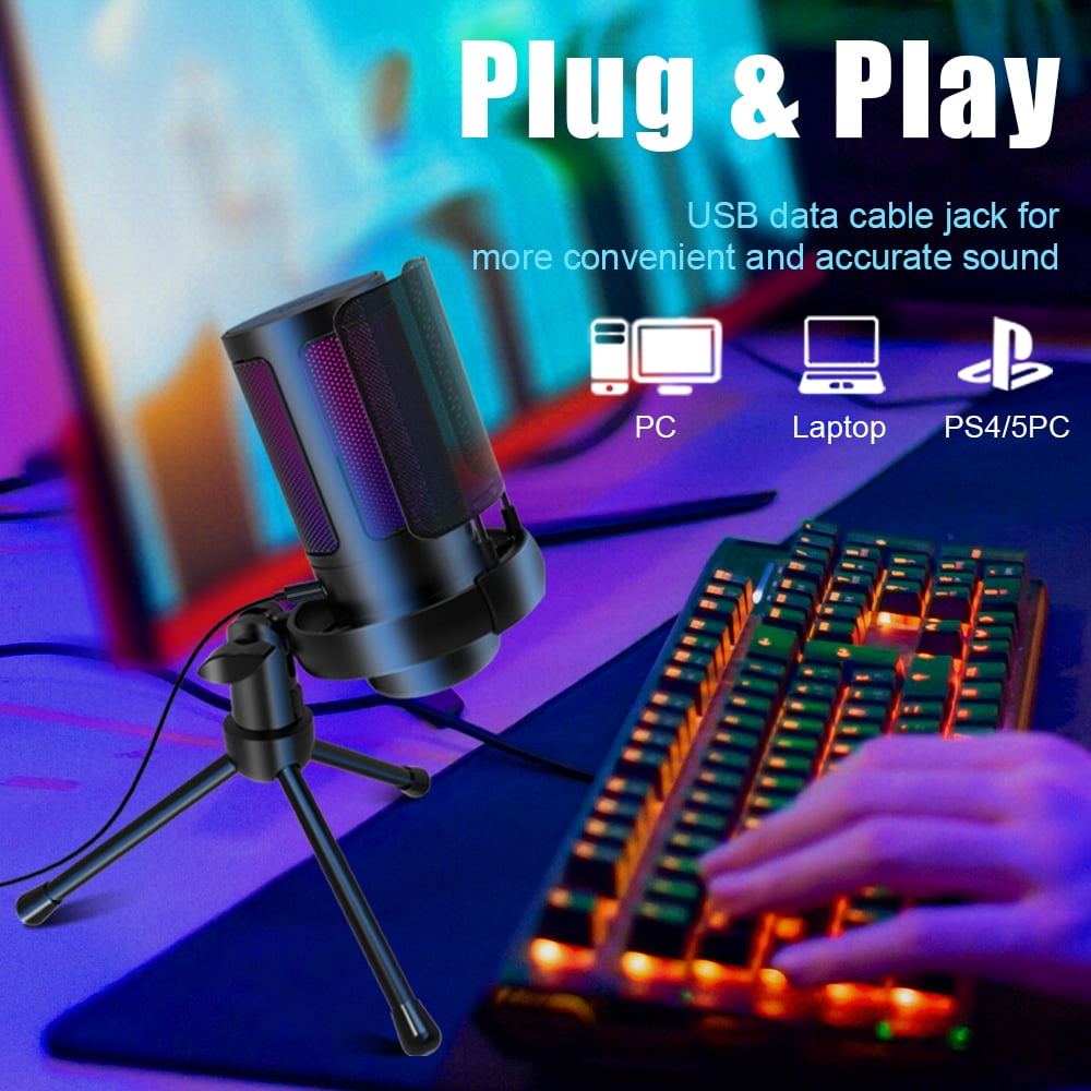 MRSXXNTY Gaming PC USB Microphone, Podcast Condenser Mic with Boom Arm, Pop Filter, Mute Button for Streaming, Twitch, Online Chat, RGB Computer Mic for PS4/5 PC Gamer Youtuber-AmpliGame A6T