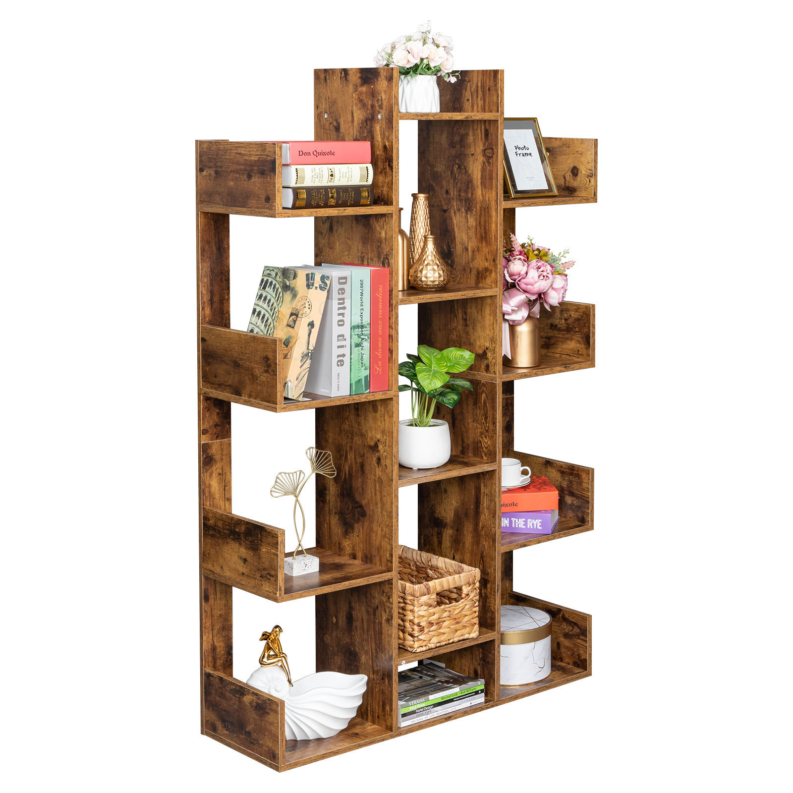 Bookshelf, TreeShaped Bookcase Storage Shelf with 13 compartments, Books Organizer Display Cube