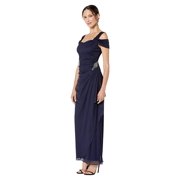 Angle View: Alex Evenings Long Cold Shoulder Dress with Cowl Neckline Navy