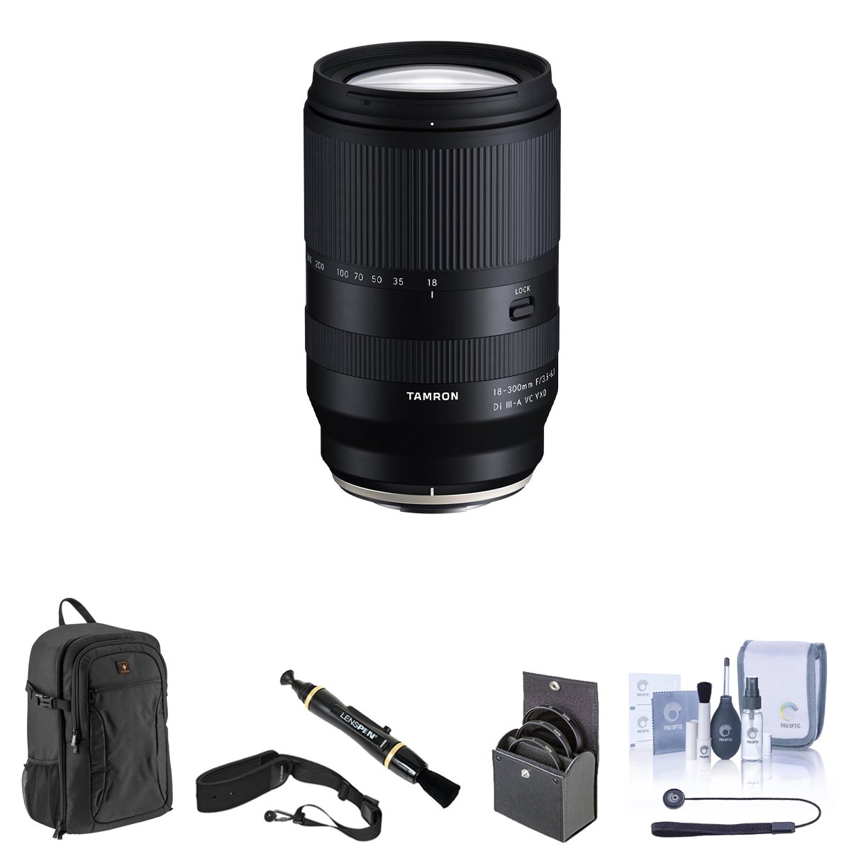 Tamron 18-300mm f/3.5-6.3 Di III-A VC VXD Lens for Sony E Bundle with 67mm Filter Kit, Lens Case, Lens Cleaner, Cleaning Kit, Universal Lens Cap Tether