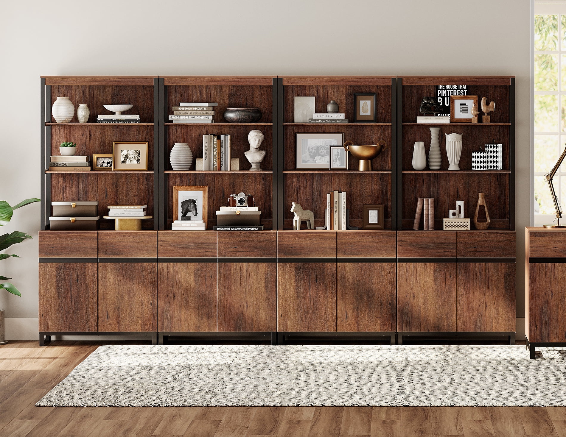 4 PCS Modern 72 Inch Tall Bookcase Units with Reinforced Metal Base, Large Library Bookshelf Set with Adjustable Shelves and Closed Storage Cabinet for Living Room Office