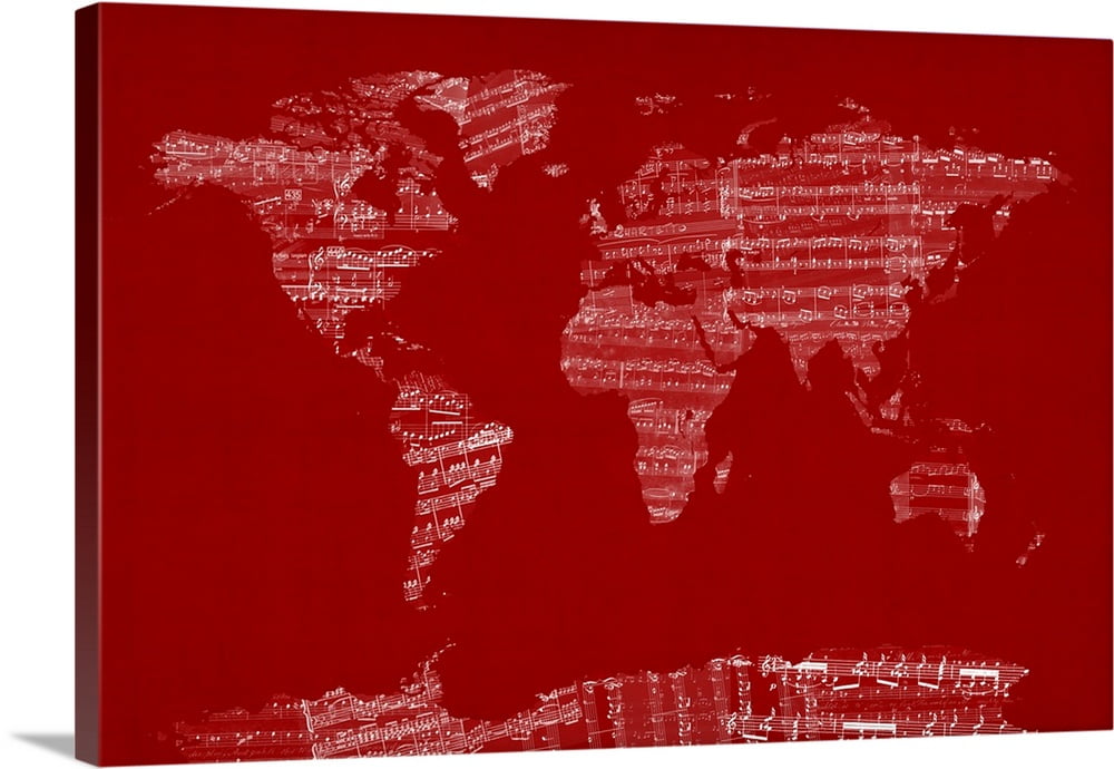 Great BIG Canvas | "Sheet Music World Map, Red" Canvas Wall Art - 36x24