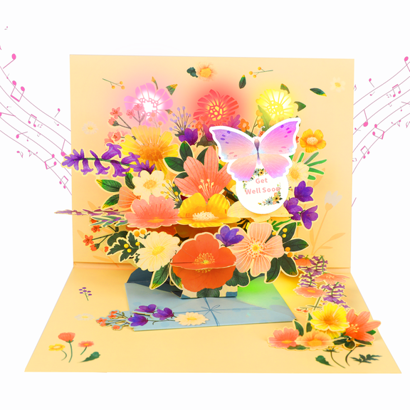 Light Up Musical 90° Flower Bouquet Pop Up Card, Get Well Soon 3D Greeting Card with Multi Purpose Tags for Women