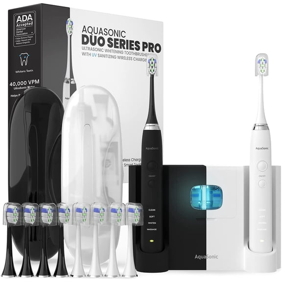 Set de 2 Cepillos de Dientes DUO PRO Eléctricos Inteligentes Ultra Blanqueadores 4 Modos 10 Cabezales AquaSonic AS-95675672