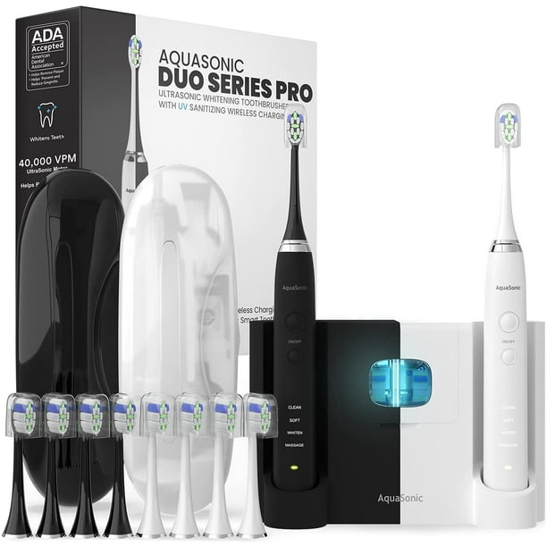 Set de 2 Cepillos de Dientes DUO PRO Eléctricos Inteligentes Ultra Blanqueadores 4 Modos 10 Cabezales AquaSonic AS-95675672