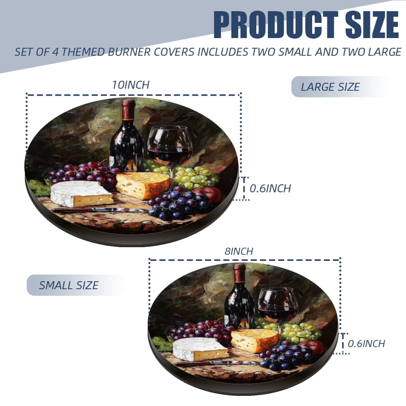 Round Electric Stove Burner Covers, Wine Glass and Grapes Cheese 4Pcs Top Covers for Electric Stove Burner for Kitchen Decoration, 8 Inches and 10 Inches