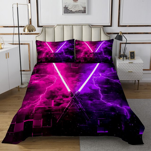 Erosebridal Ensemble de Couvre-Lit Sabre Laser Futuriste Taille Simple, Courtepointe Rose Vif, Décoration Imprimée 3D Carrée 2 Pcs