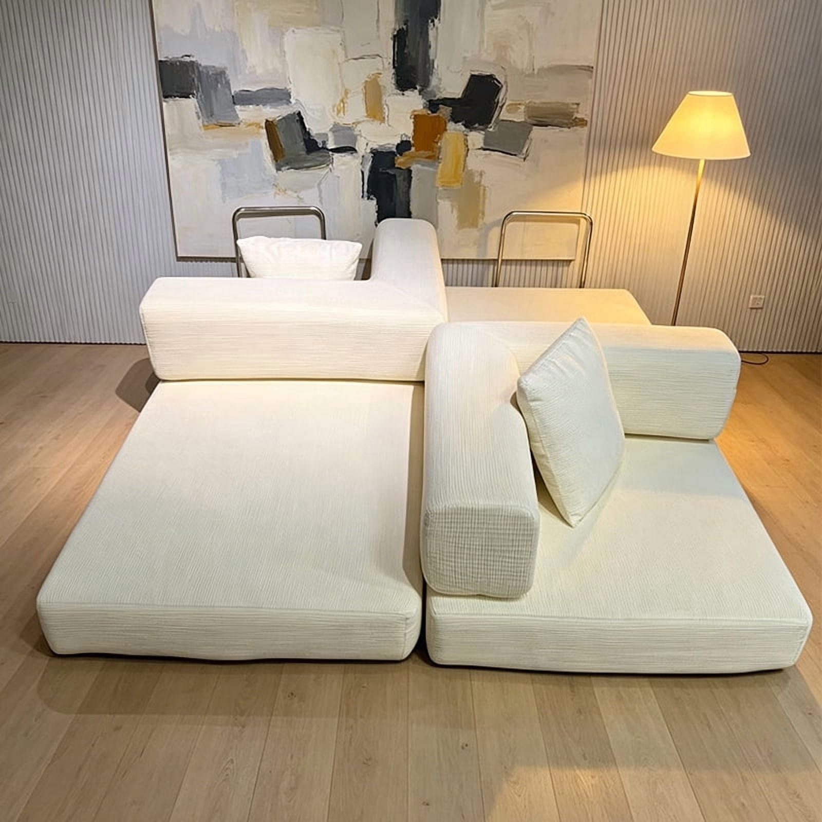 Garitin Sofa Bed and Convertible Floor Sofa 78.74 Inch, Corduroy Fabric Couch with Double Pillows for Living Room Bedroom, Ancient White