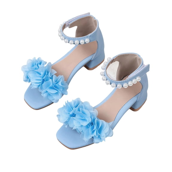 Gpaecead Girls Floral Pearl Mid Heel Sandals Square Toe Adjustable Ankle Strap Soft Non Slip Spring Summer Princess Party Shoes,Blue