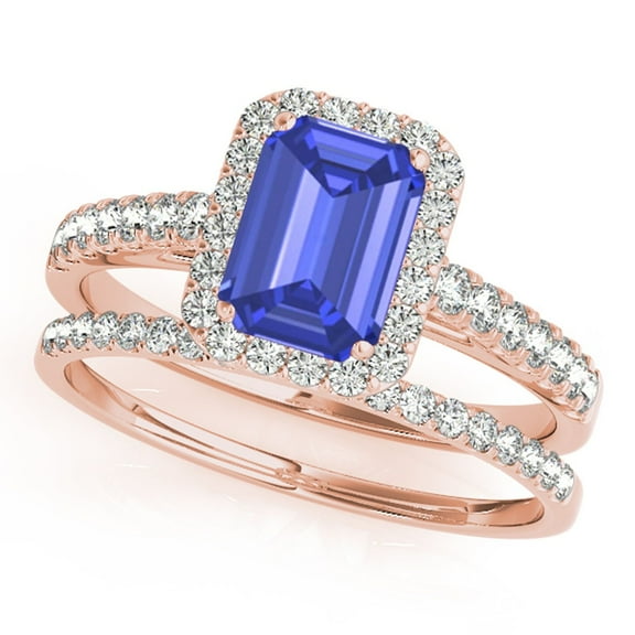 Mauli Jewels Engagement Rings for Women 0.9 Carat Diamond And Emerald Shape Sapphire Bridal Set Ring 4-prong 10k Rose Gold